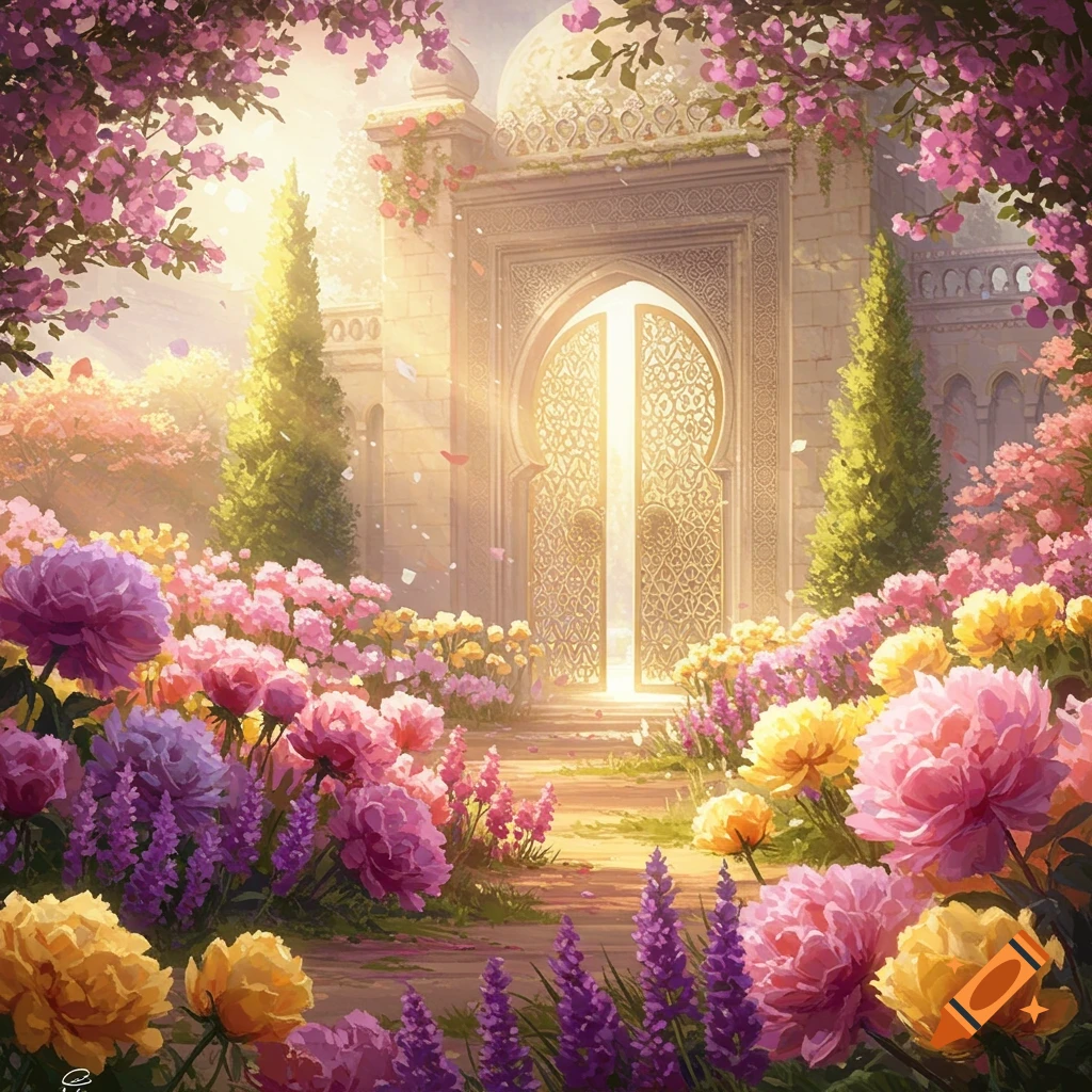 Vibrant blooming garden with pink, purple, and yellow flowers leading to a grand, ornate gate bathed in soft sunlight, dreamy aesthetic.