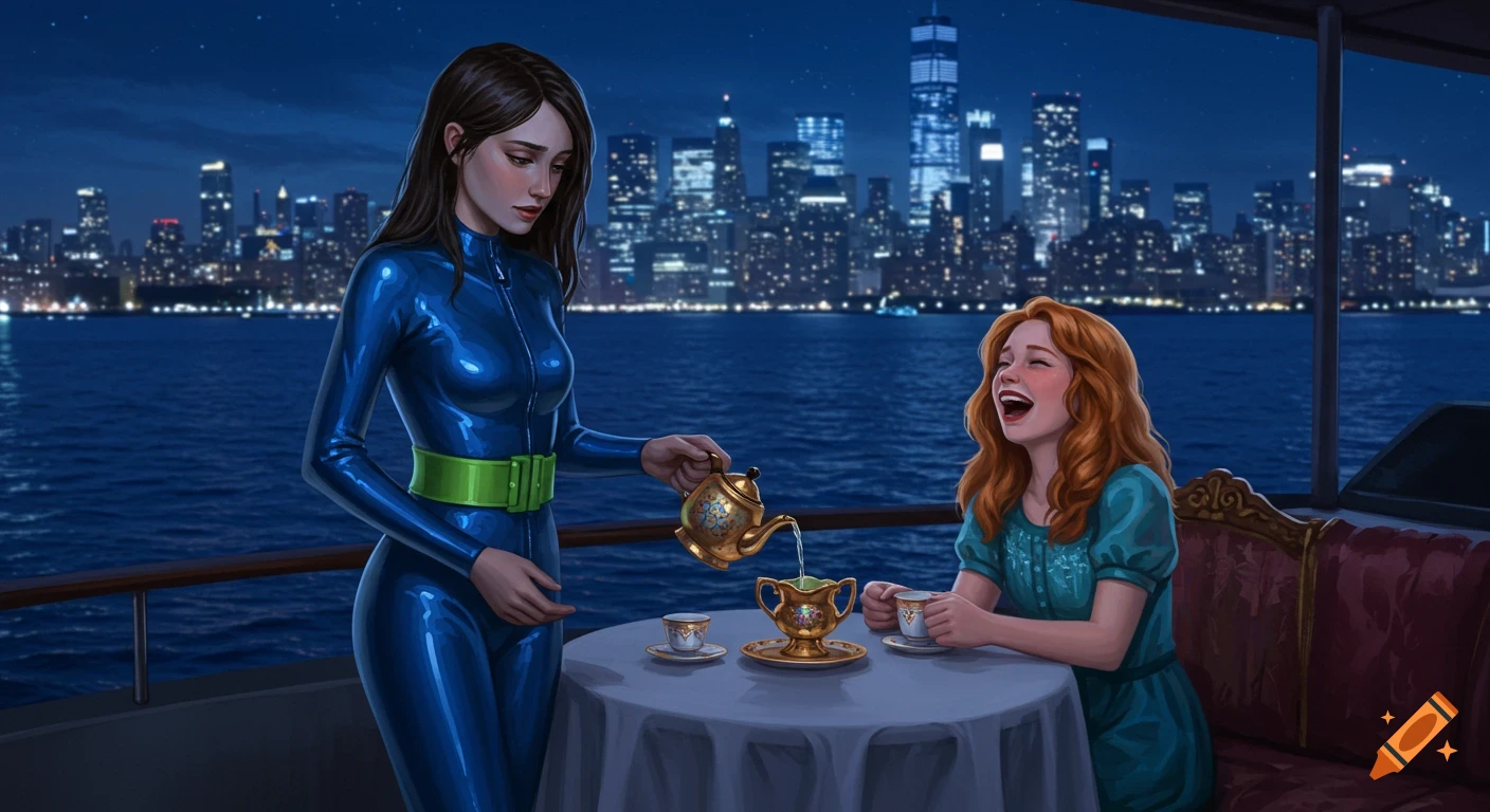 Digital art of a woman in a blue wetsuit pouring tea for a laughing red-haired woman on a yacht at night with a city skyline.