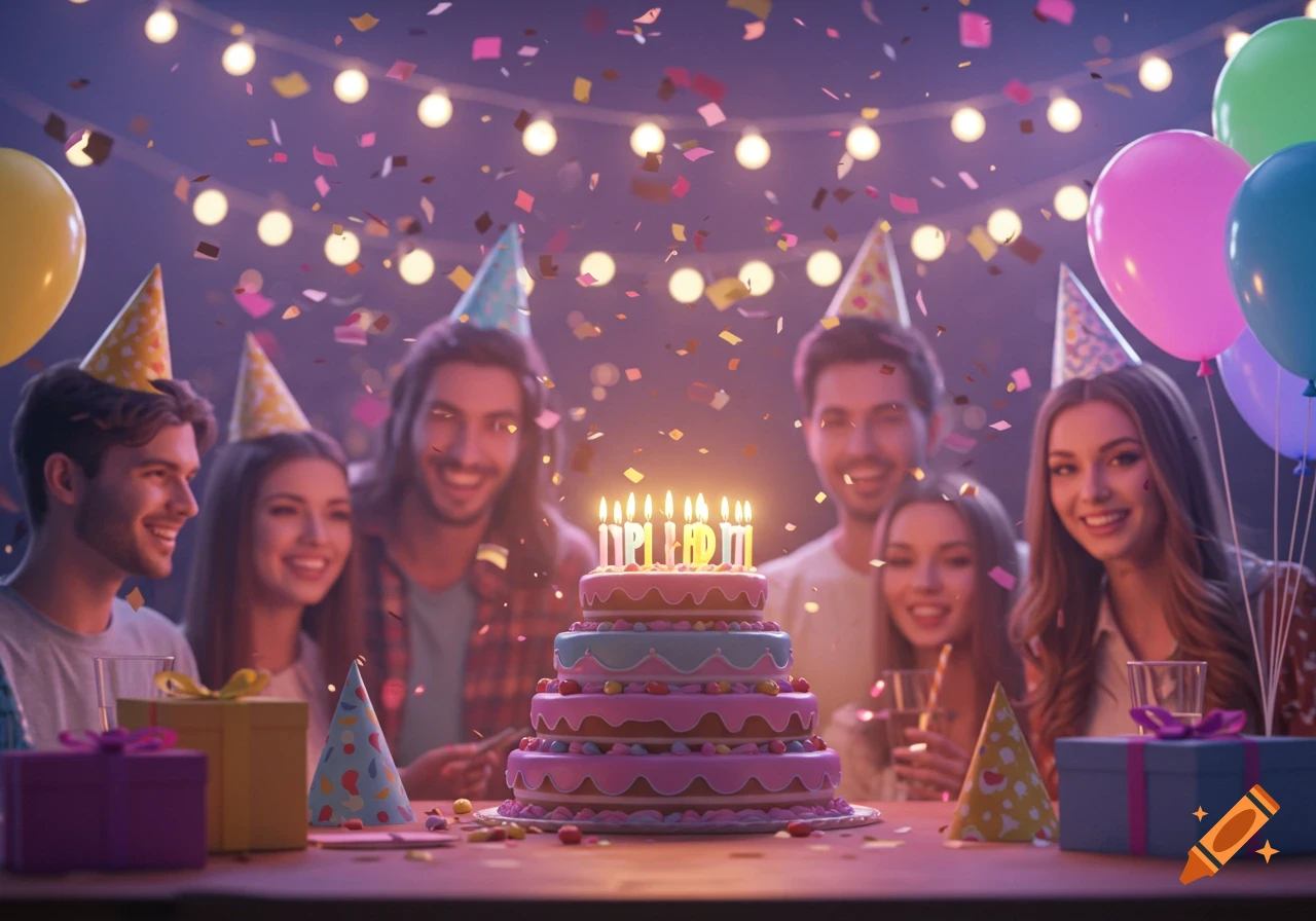 A group of smiling friends wearing party hats gathered around a tiered birthday cake with lit candles and falling confetti.