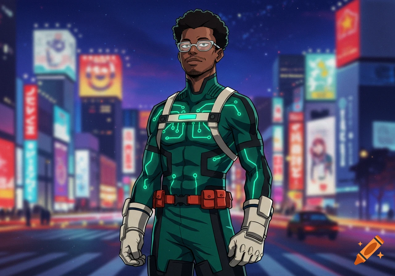 A Black superhero with glasses and a green circuit-patterned costume stands in a stylized, neon-lit Tokyo cityscape at night.