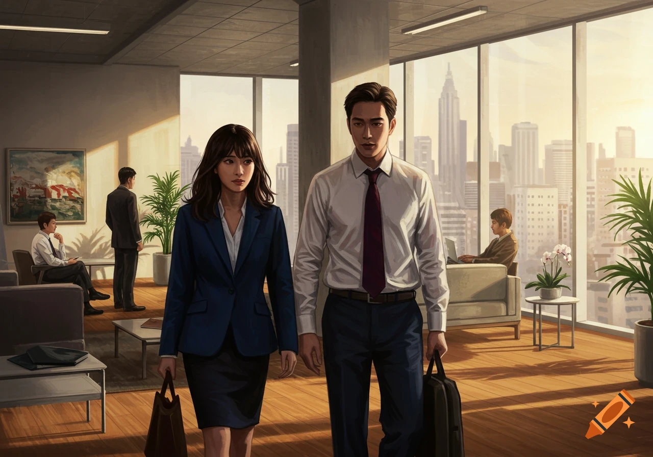 An illustration of a man and a woman in business attire walking past each other in a modern office lobby with a city skyline view.