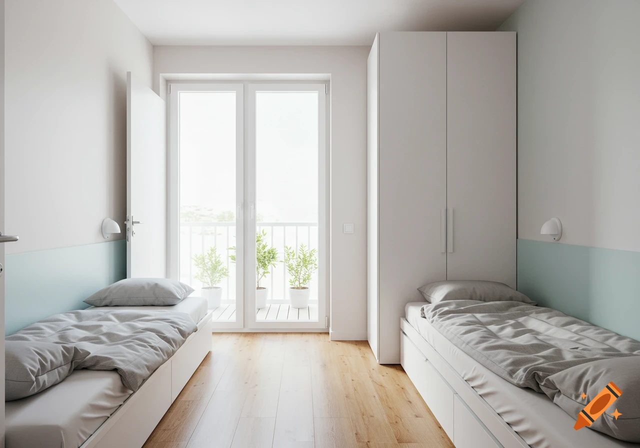 A bright, minimalist children's bedroom with two single beds, a white wardrobe, and a balcony with potted plants.