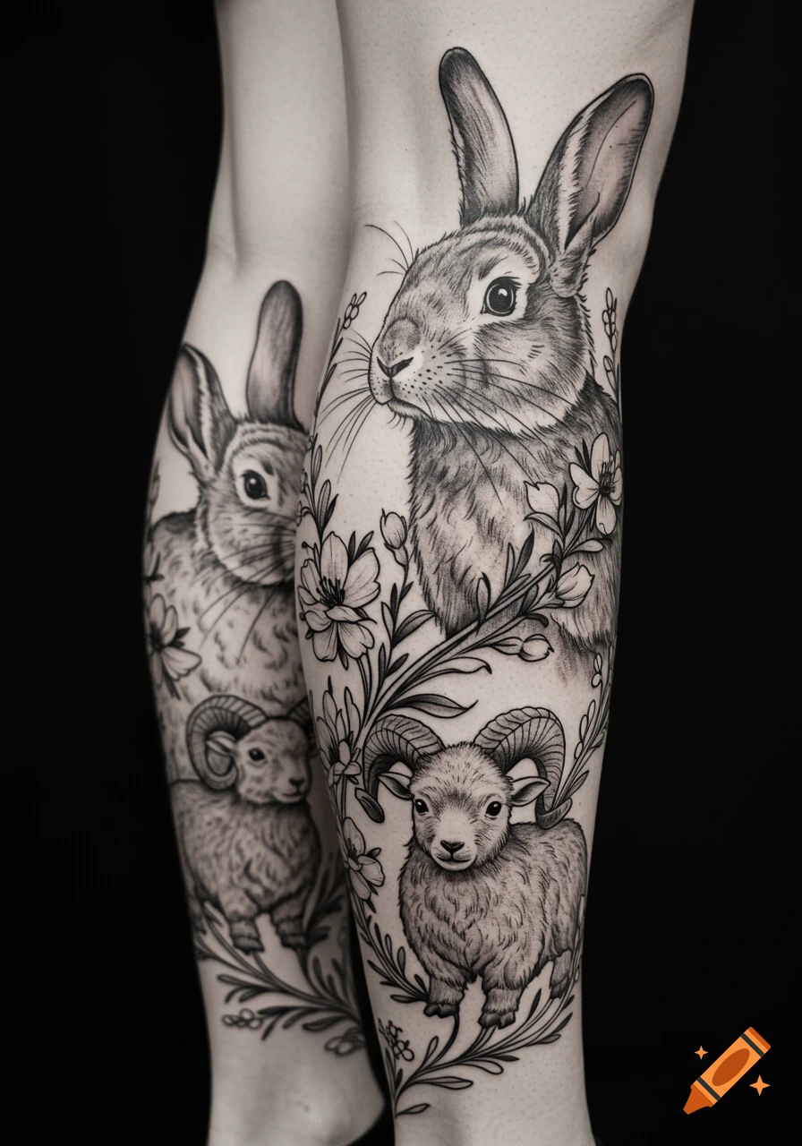 Black and white tattoo of a rabbit and a ram with delicate floral patterns adorning a person's legs.