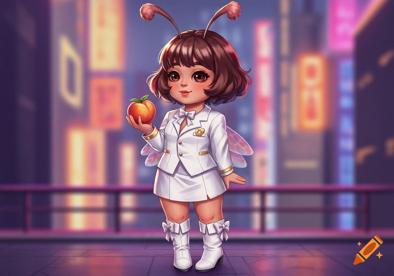 A cute chibi alien character with antennae and wings, wearing a white skirt suit and boots, holding a peach in a city at night.