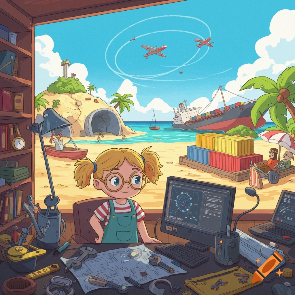 Cartoon of a blonde girl with glasses at a desk with tools and computers, looking out at a sunny beach with a shipwreck.