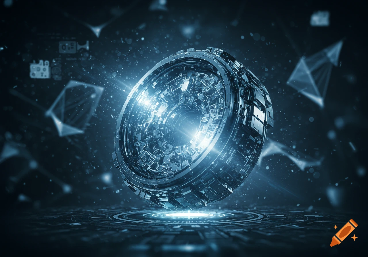 Glowing, intricate futuristic orb or AI core in a dark, blue-lit digital environment.