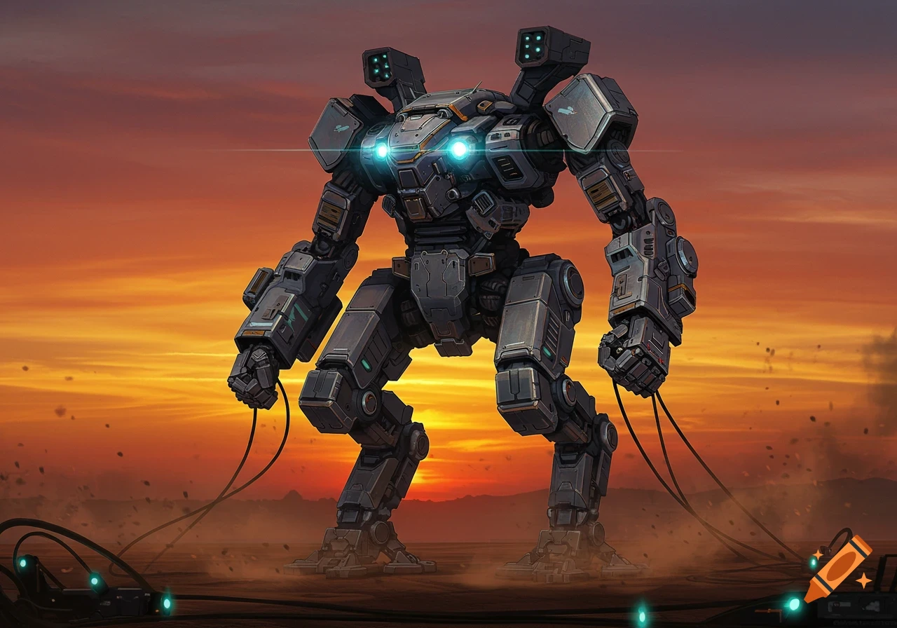 A powerful military mech robot with glowing blue eyes stands in a desolate desert at sunset, connected by wires.