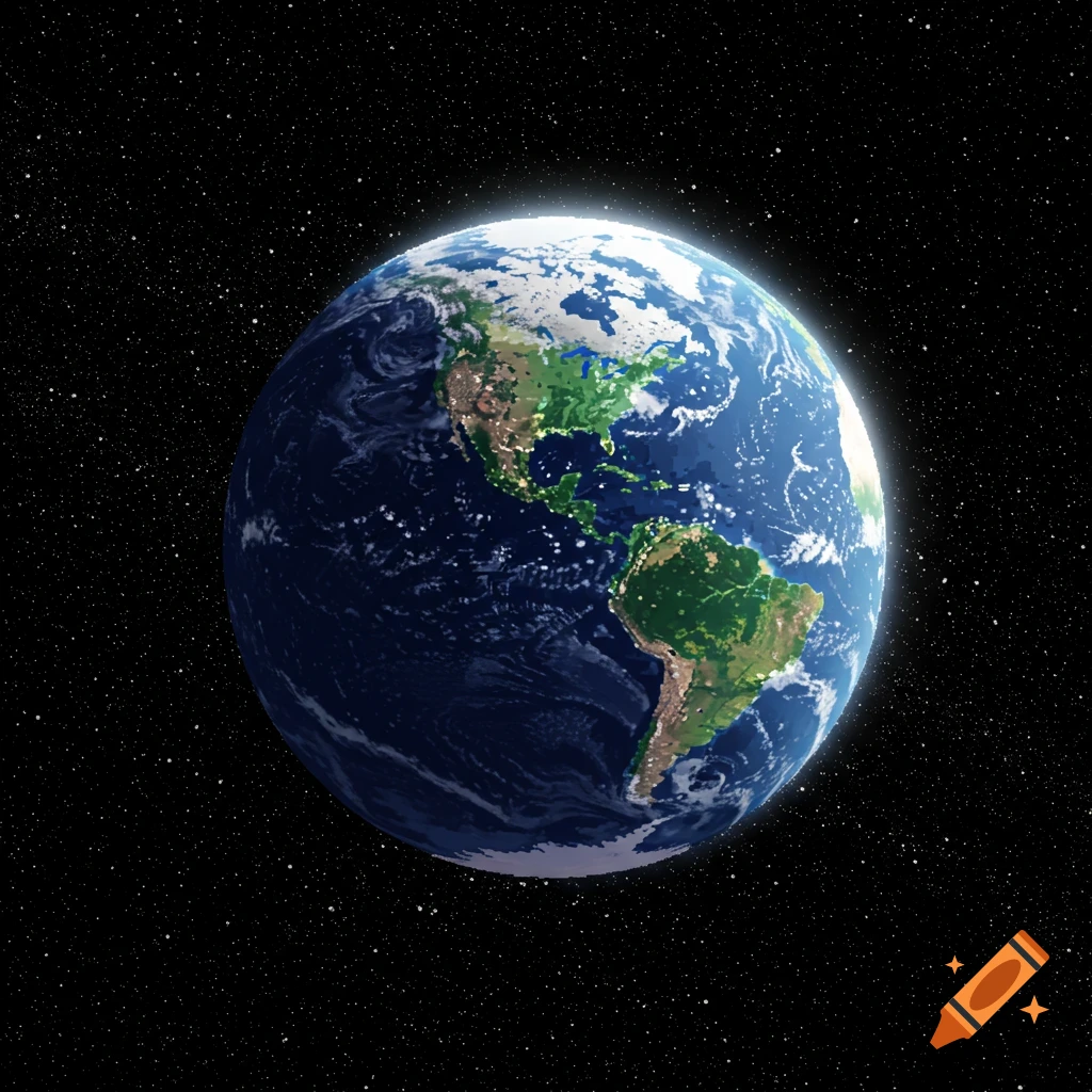 Detailed pixel art depiction of Earth from space, showing continents, oceans, and city lights on the dark side.