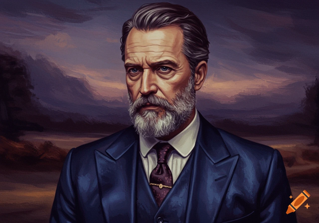 Digital painting of a stern, gray-haired man with a beard, wearing a dark suit and tie, against a dramatic purple and orange sky.