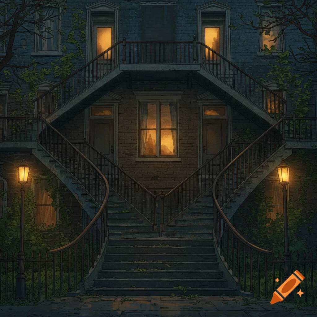 Illustrated dark building with two converging outdoor staircases, glowing windows, and streetlights at night.