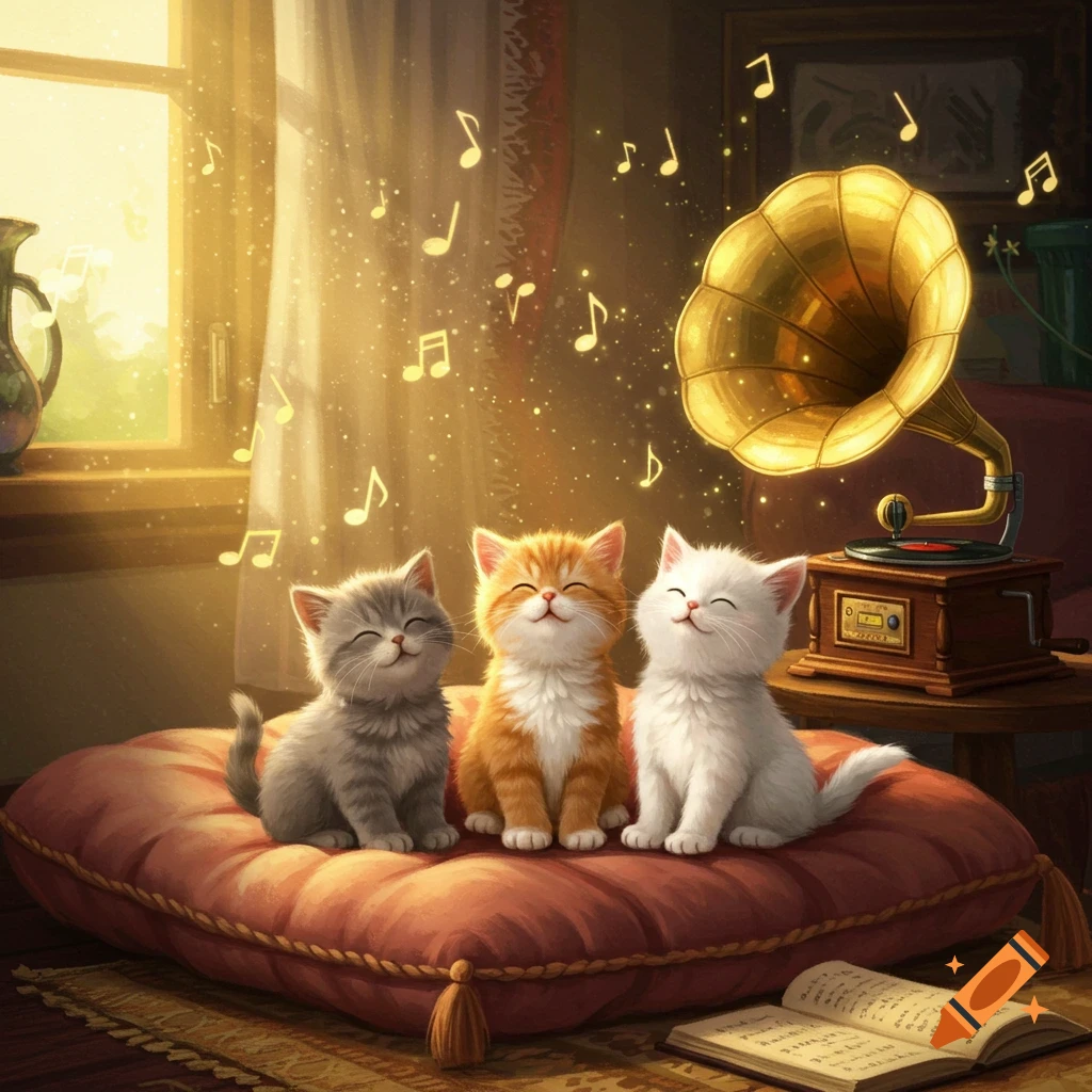 Three fluffy kittens, grey, orange, and white, sit on a red cushion listening to music from a vintage gramophone, with notes floating around.