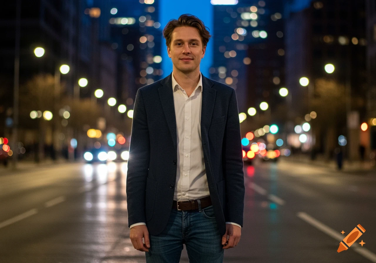 A man in a navy blazer and jeans stands confidently in the middle of a city street at night, with blurred streetlights and car lights in the background.