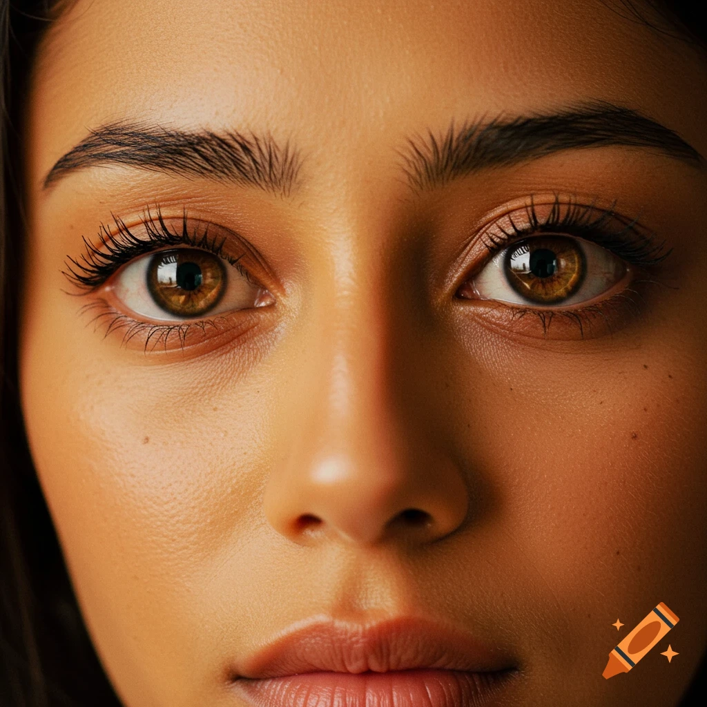 Photorealistic close-up of a young woman's face, focusing on her warm hazel eyes with subtle mascara and olive skin.