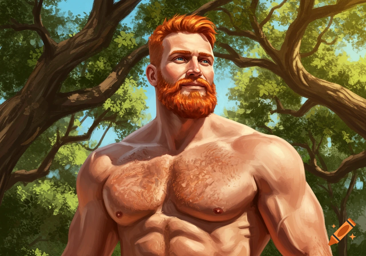 Digital painting of a muscular, shirtless man with red hair and a beard, looking up in a sunny forest.