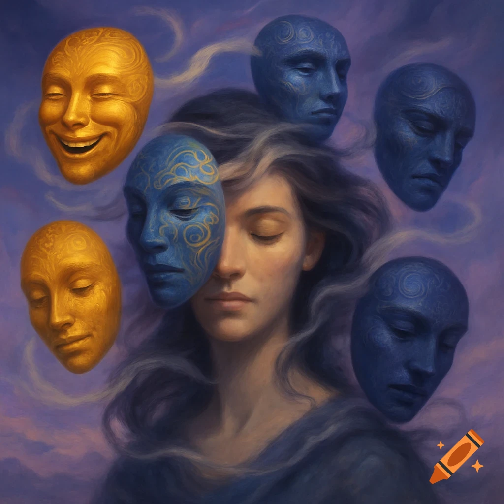 A woman with closed eyes is surrounded by floating golden and blue ornate masks, set against a swirling purple and blue background.