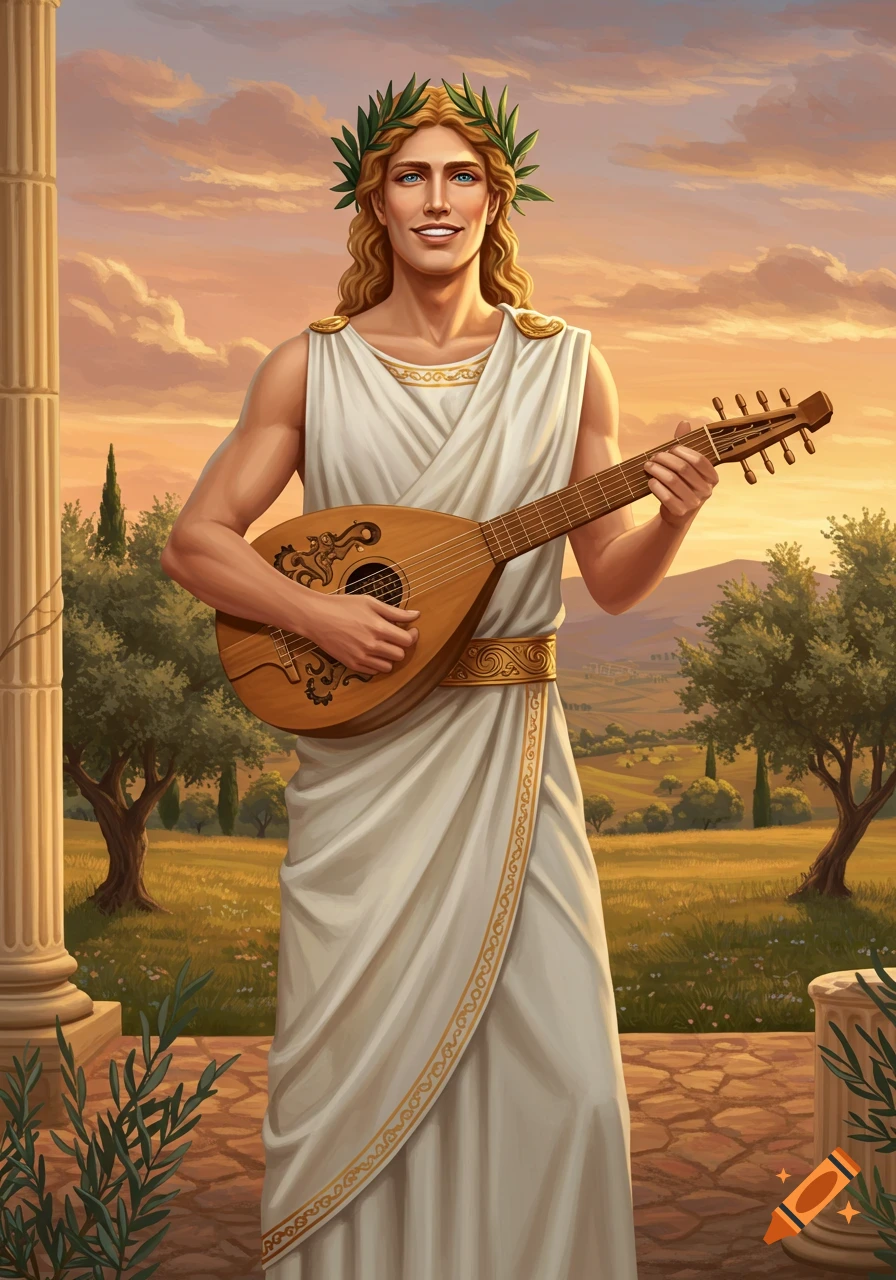 Smiling Apollo in white toga, laurel wreath, holding a lute in a classical landscape at sunset, digital painting.
