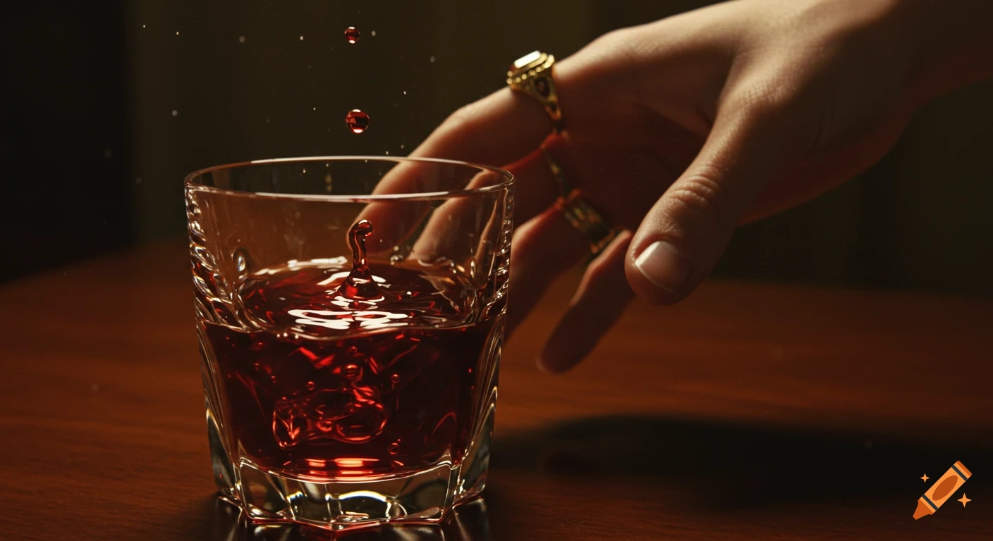 Cinematic close-up of an elegant hand with a ring reaching for a glass of red liquid on a mahogany table, with liquid drops falling.