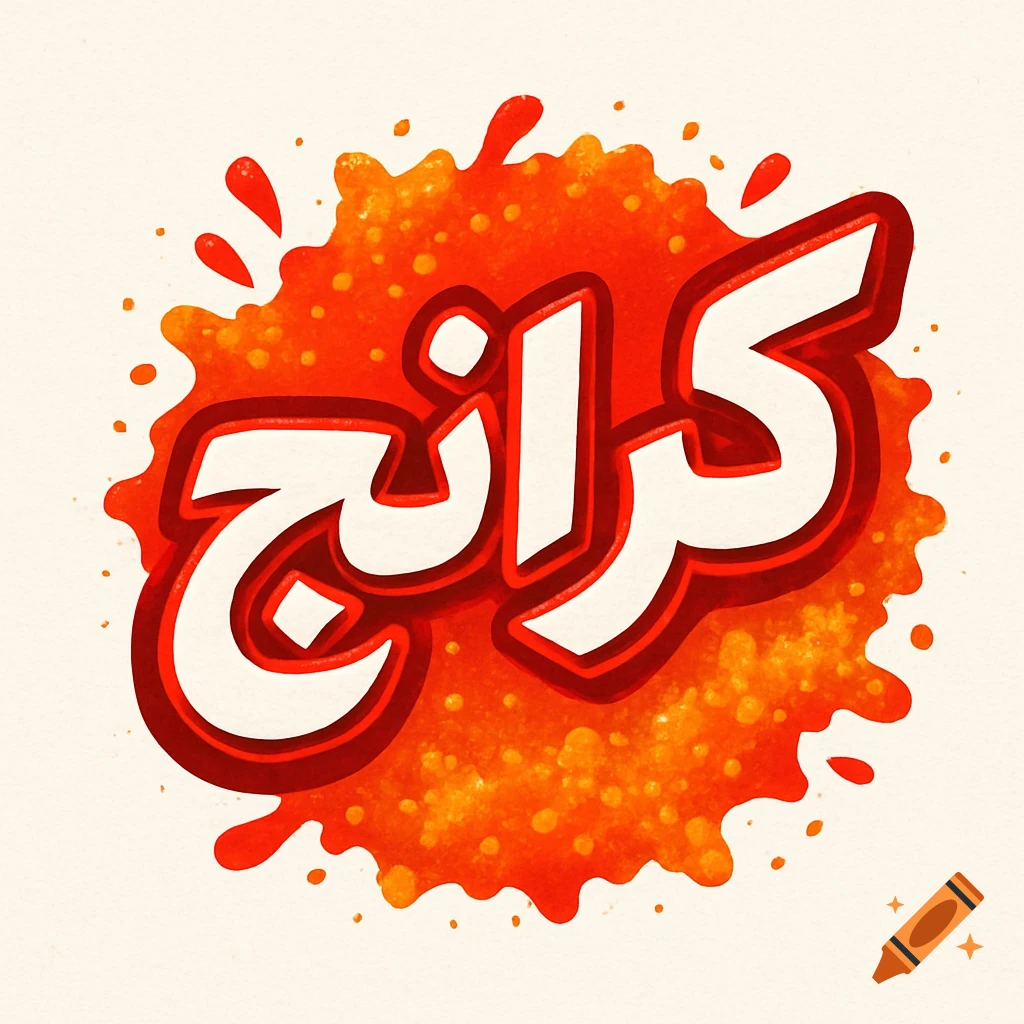 Stylized white and red text 'کرانچ' (Crunch) on an orange and red splash background.