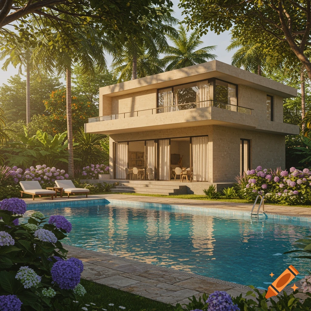 Photorealistic image of a modern house with a swimming pool, surrounded by a lush tropical garden with palm trees and purple flowers.
