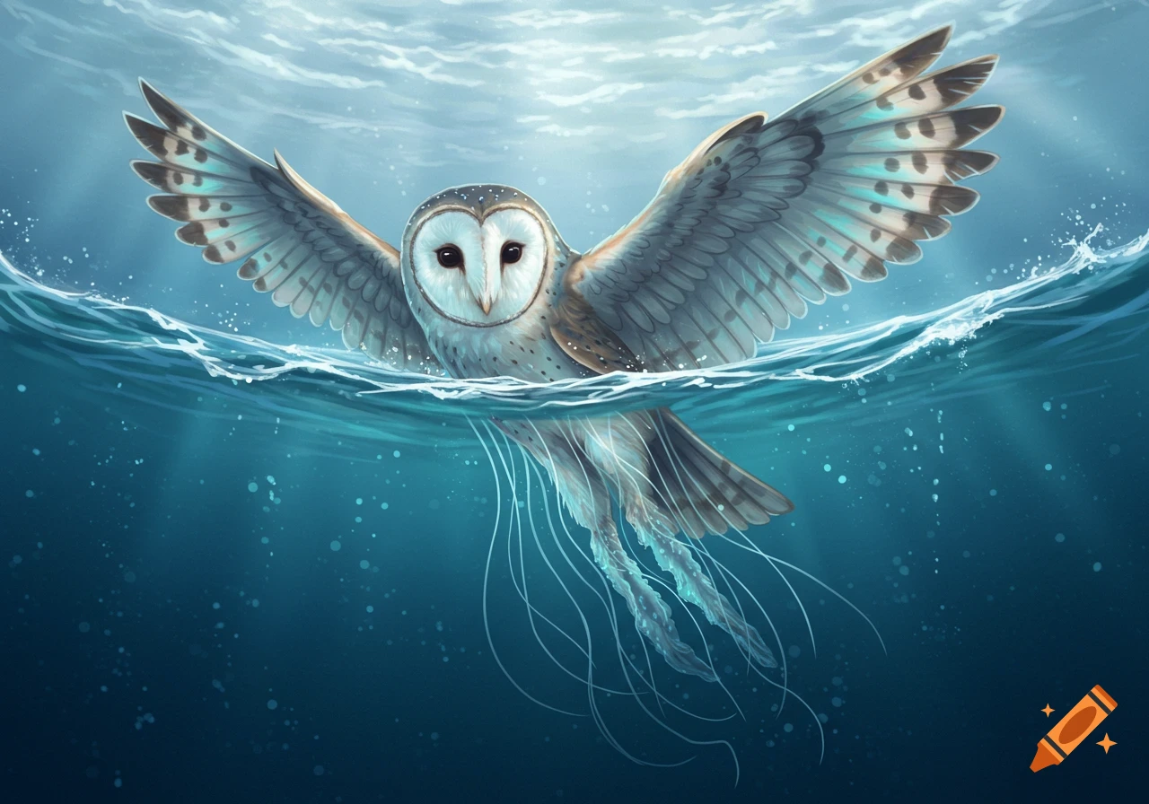 A majestic barn owl with jellyfish tentacles as its lower body swims gracefully underwater, wings spread, in an ethereal blue ocean.