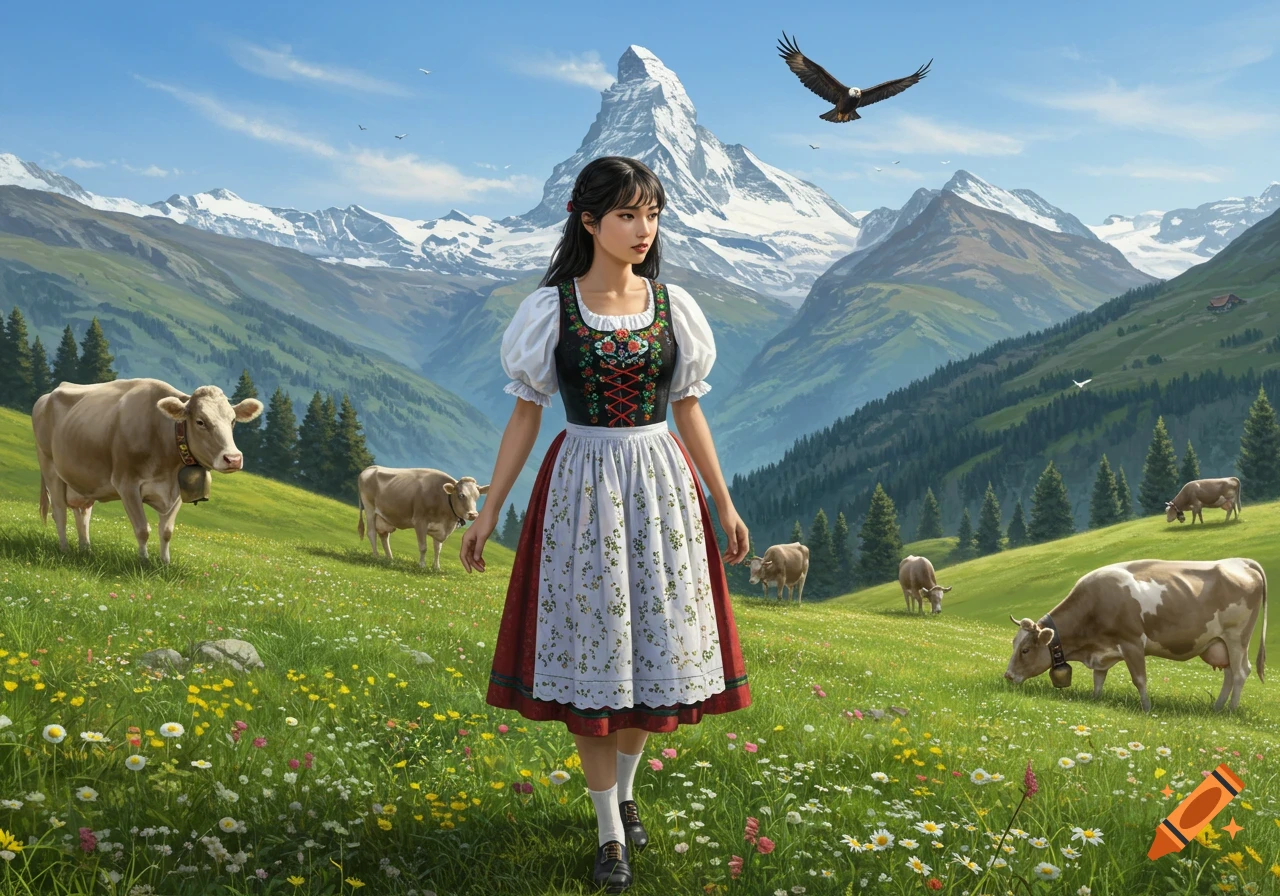 Photorealistic Asian girl in traditional Swiss clothing in an alpine meadow with cows, snowy mountains, and a flying eagle.