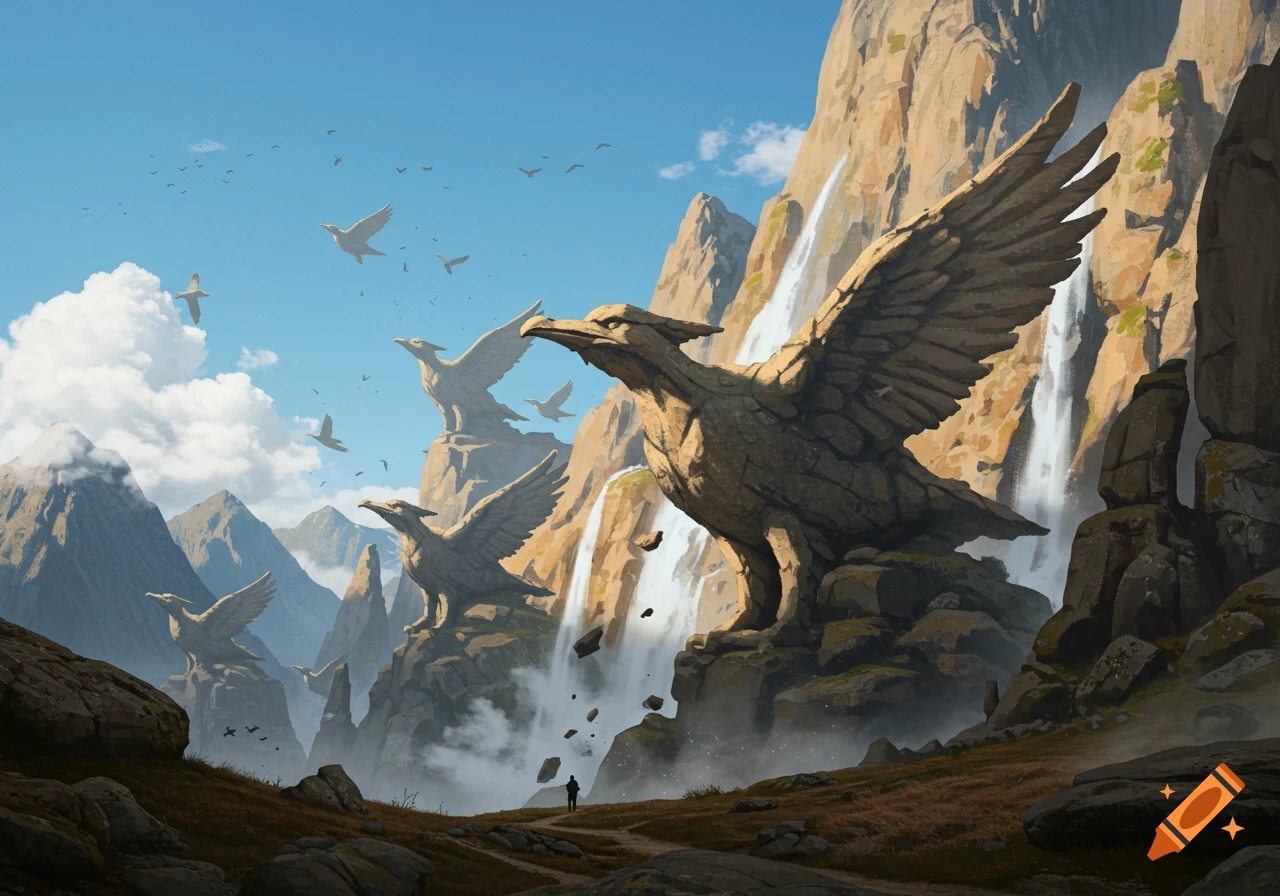 Fantasy landscape with colossal bird-like rock formations on towering mountains with waterfalls, and a tiny person walking through a valley.