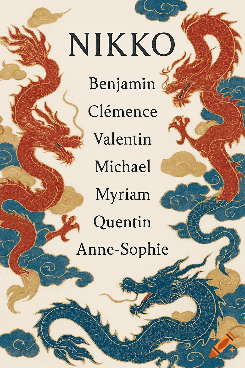 Elegant Japanese illustration with red and blue dragons and clouds, framing the text NIKKO and a list of names.