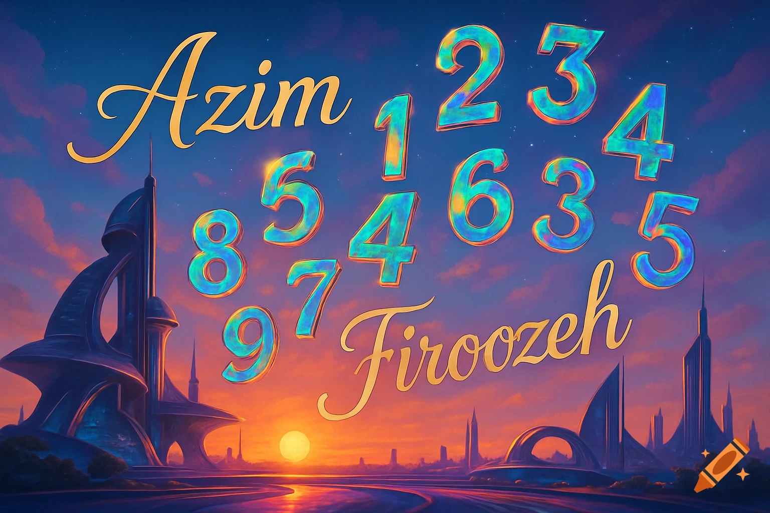 A vibrant sunset over a futuristic city skyline with abstract buildings. The golden words "Azim" and "Firoozeh" and many colorful, jumbled numbers float in the sky.