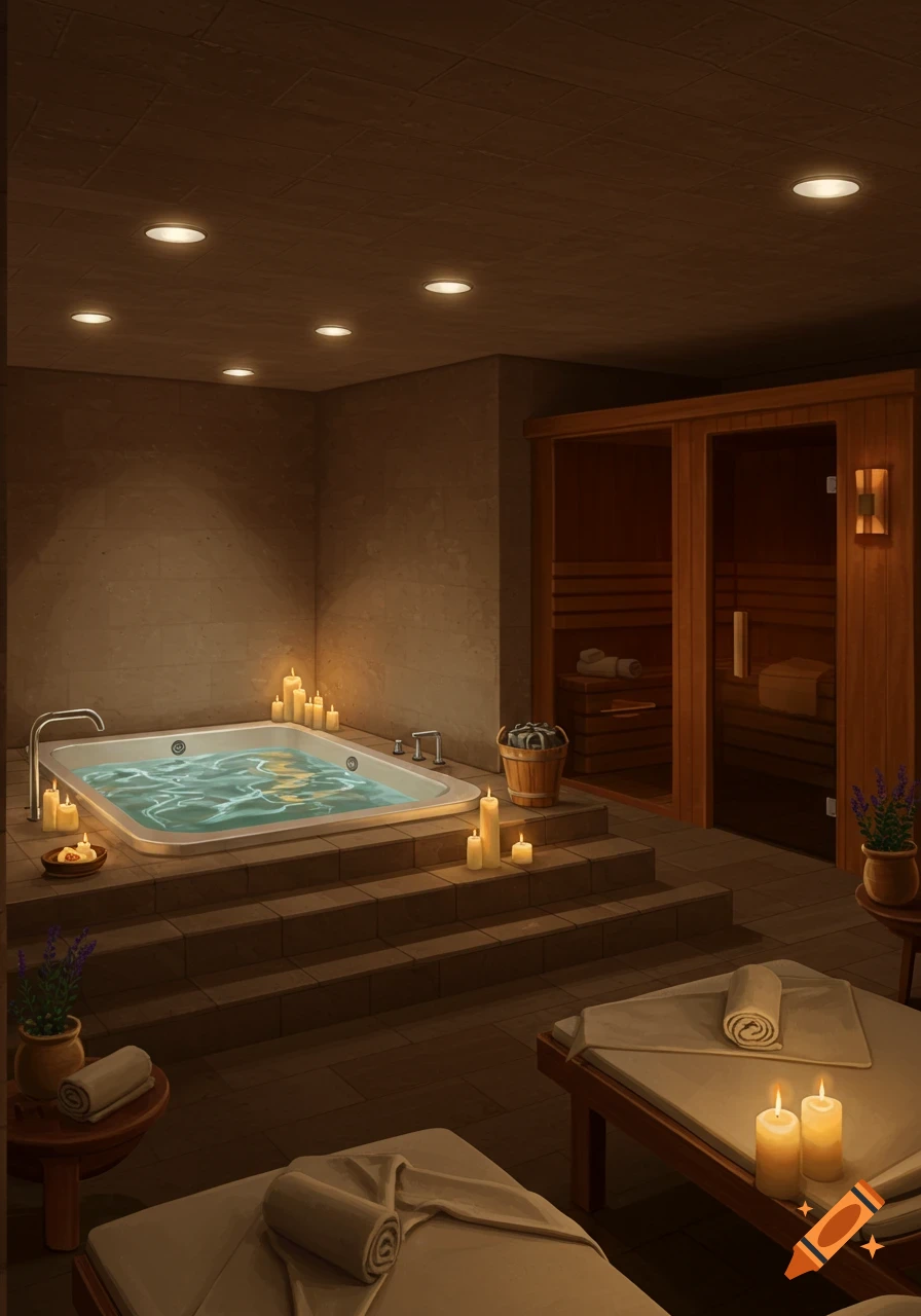 A cozy, dimly lit spa room with a bubbling whirlpool, a wooden sauna, and massage beds with candles.