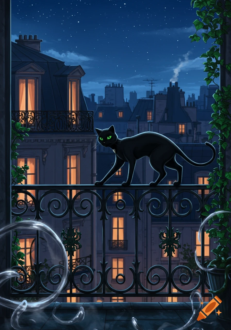 A black cat with green eyes walks on a balcony railing overlooking a city at night, with lighted windows and a starry sky.