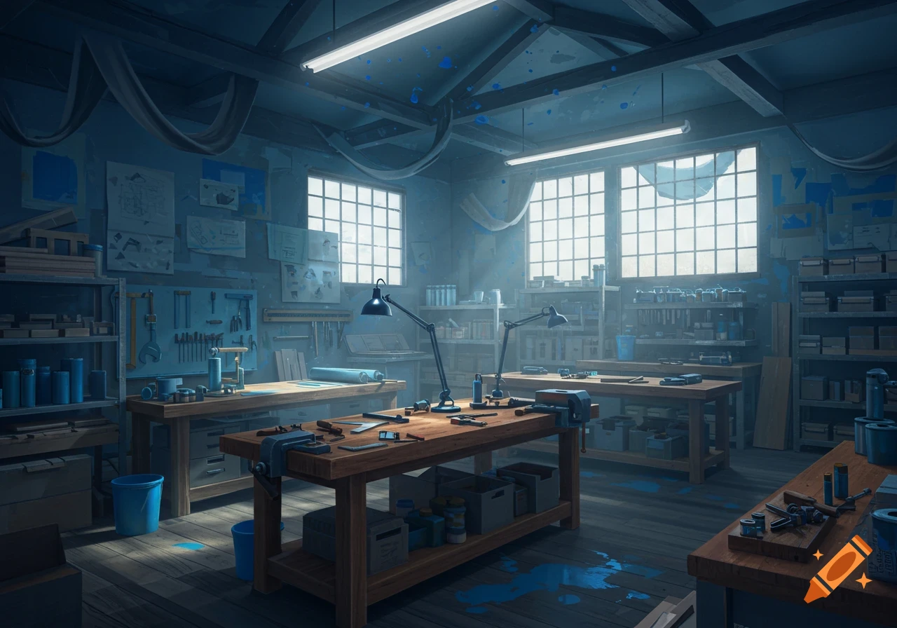 A blue-toned workshop filled with wooden workbenches, tools, and shelves, illuminated by large windows.