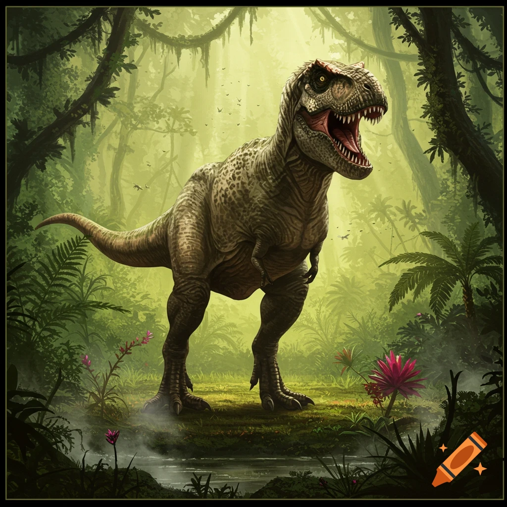 A detailed illustration of a large T-Rex with its mouth open, standing in a lush, green jungle with a small stream.