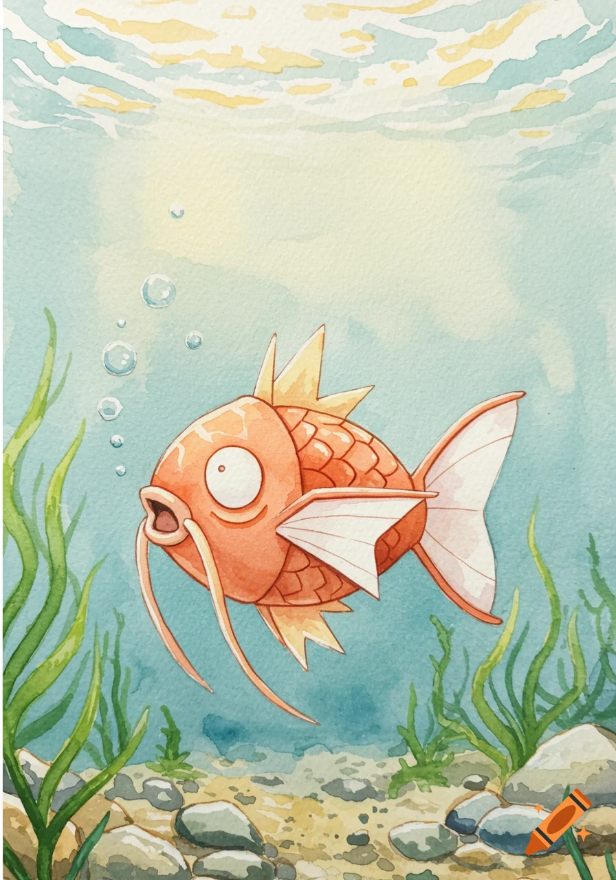A watercolor illustration of a Magikarp swimming underwater among green algae and pebbles, with light filtering from the surface.