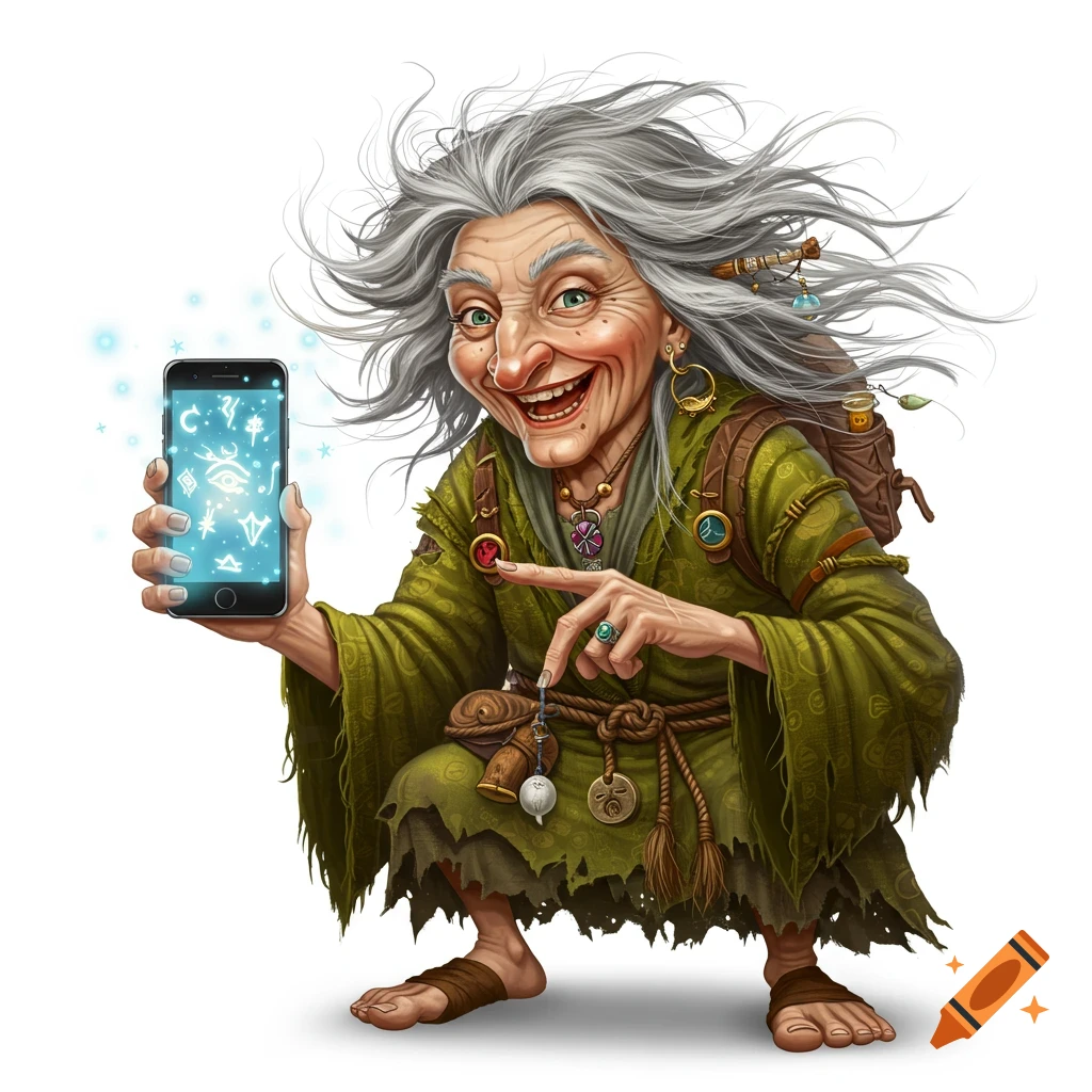 An old, grey-haired witch in green robes squats, smiling mischievously, holding up a smartphone with glowing magical symbols.