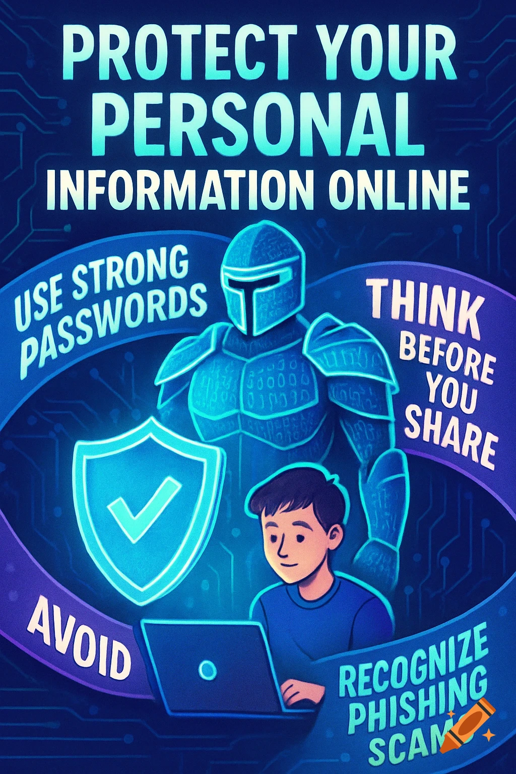 A cartoon illustration showing a young person on a laptop, a glowing shield, and a protective knight, with text about online safety.