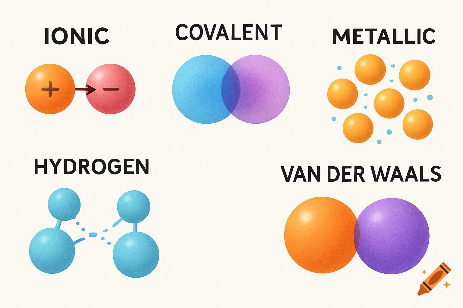 A diagram illustrating five types of chemical bonds: ionic, covalent, metallic, hydrogen, and van der Waals forces.