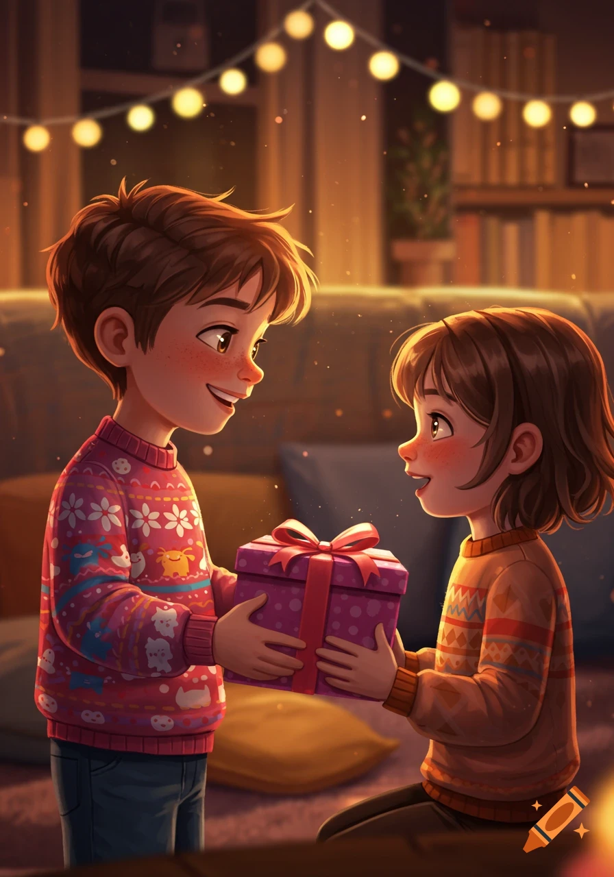 A smiling boy in a pink sweater gives a wrapped gift to a smiling girl in an orange sweater, surrounded by warm string lights.