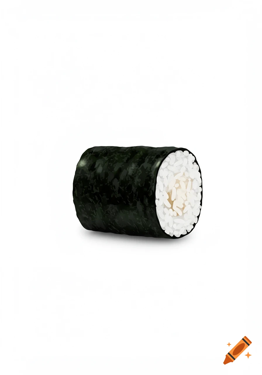 A single kimbap roll, wrapped in dark green seaweed, with white rice visible at the cut end, on a white background.