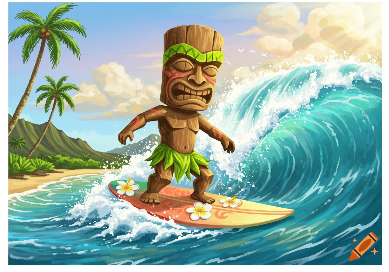A cartoon tiki figure with a grass skirt surfs a large ocean wave near a tropical beach with palm trees and mountains.