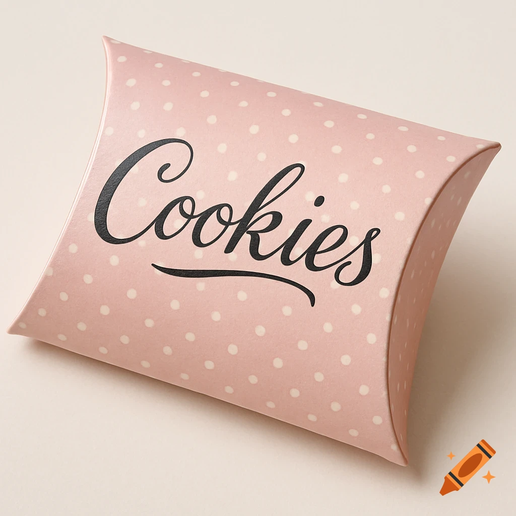 A light pink pillow box with white polka dots and the word 'Cookies' in black cursive font on it, shot on a light background.