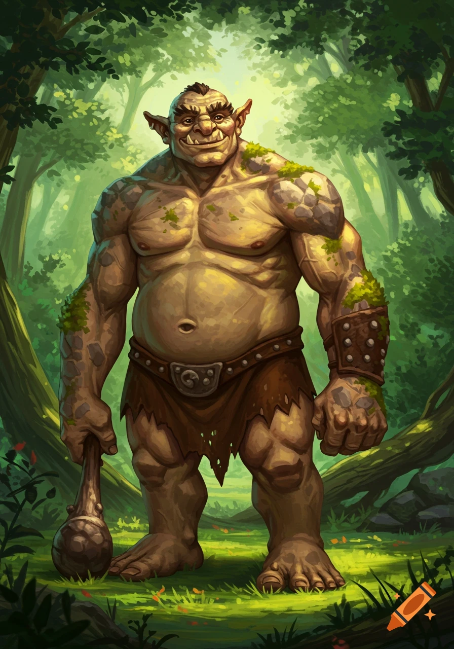A muscular, green-skinned troll with rocky texture and moss, holding a club in a lush forest, fantasy art.