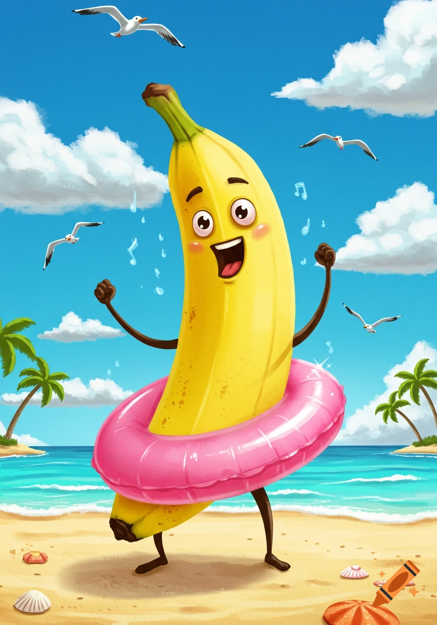 A cheerful cartoon banana wearing a pink inner tube dances and sings on a tropical beach with palm trees, ocean, and seagulls.