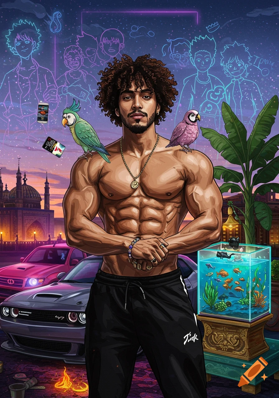 Muscular man with curly hair and parrots on shoulders, standing in front of cars, a mosque, and an aquarium, with anime characters in the background.