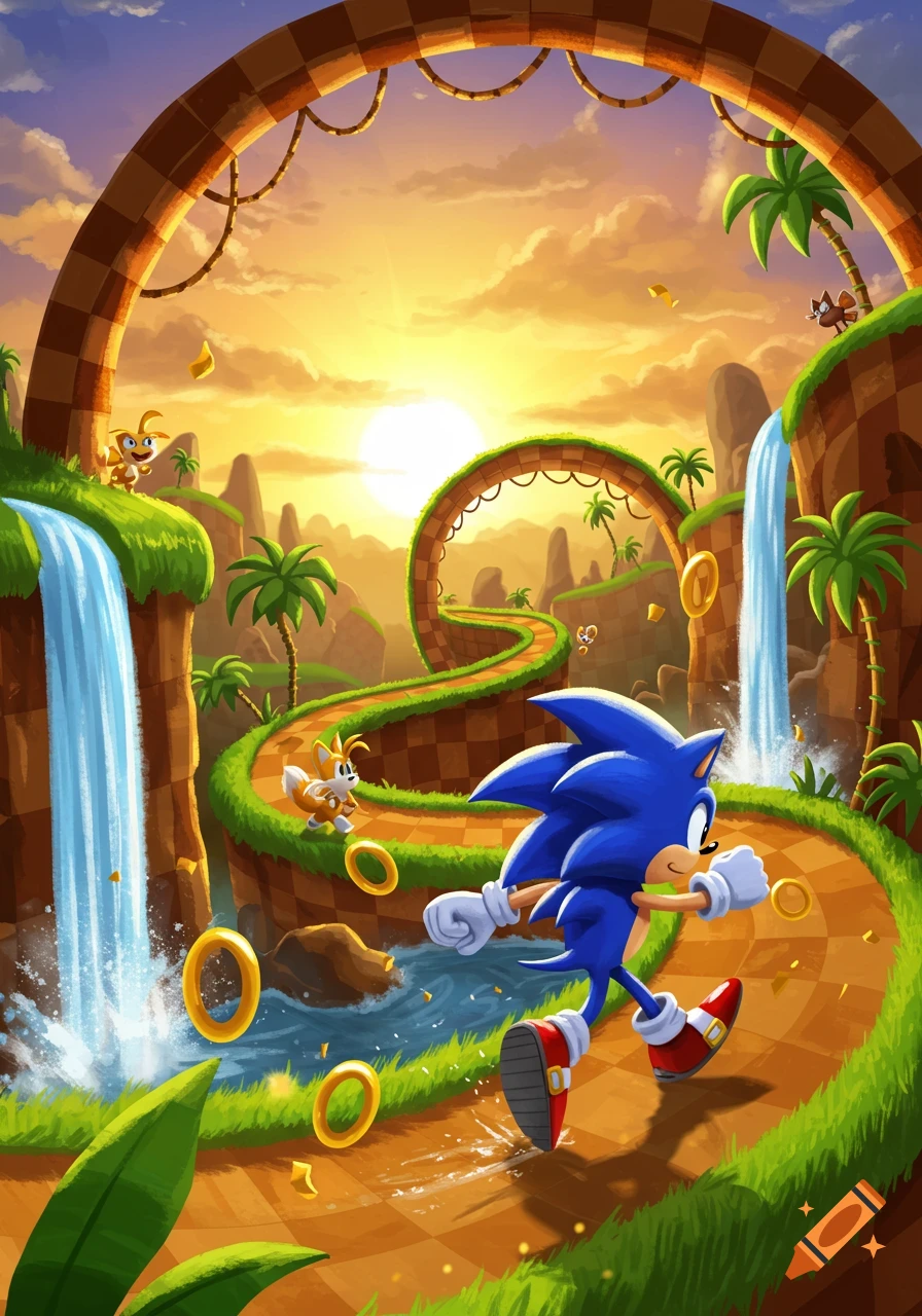 Sonic and Tails run through a vibrant, cartoonish Green Hill Zone with waterfalls, loops, golden rings, and a sunset.