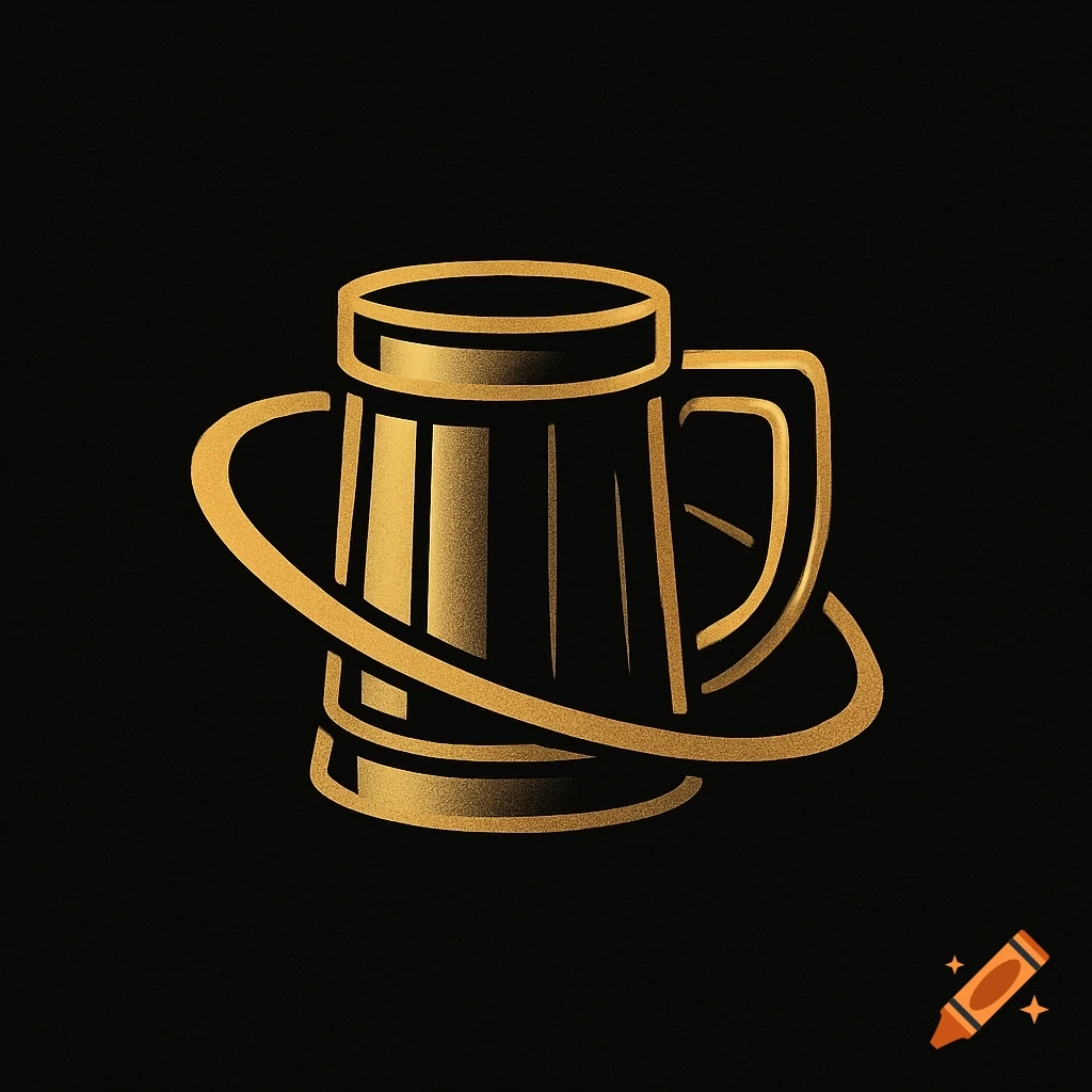 A minimalist gold logo of a tavern mug with a swirling ring on a black background.