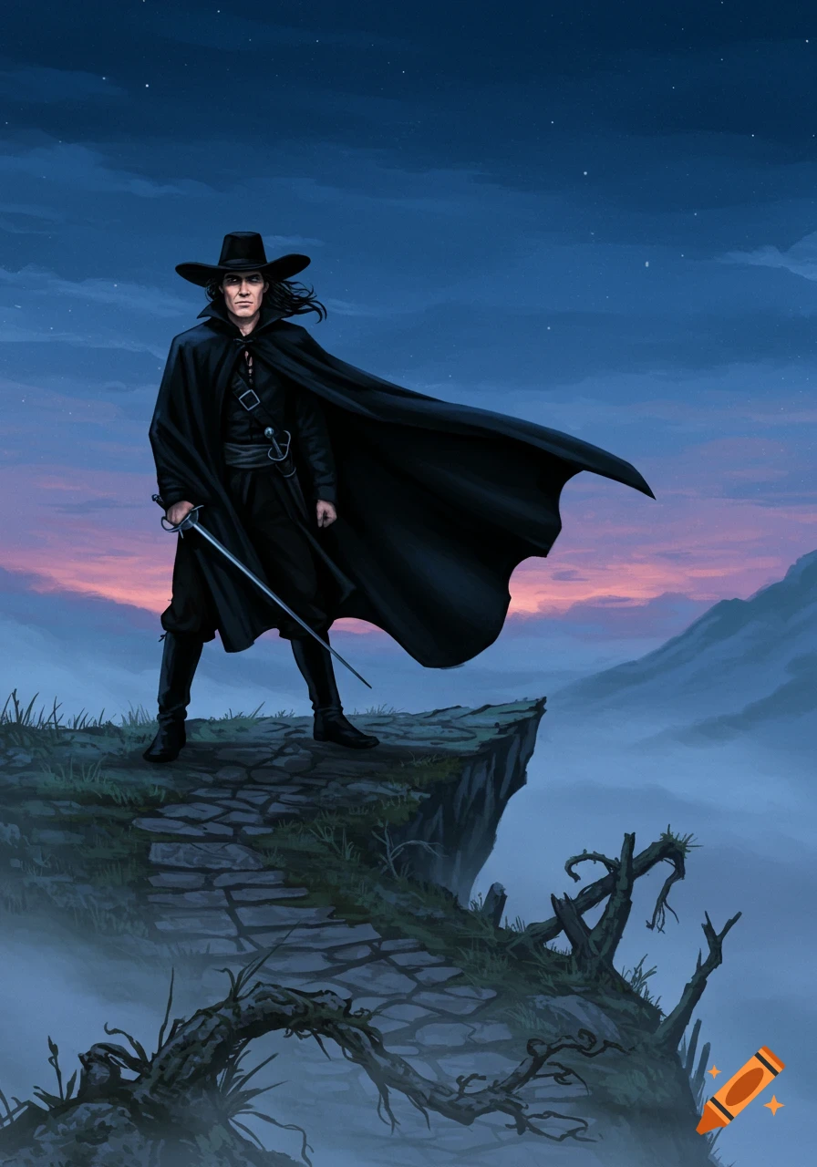 Illustration of a man in black with a billowing cape and sword, standing dramatically on a misty cliff edge at twilight.