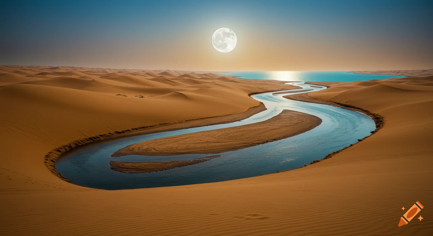 A winding river flows through vast sand dunes towards a distant ocean, under a bright full moon in a serene desert landscape.