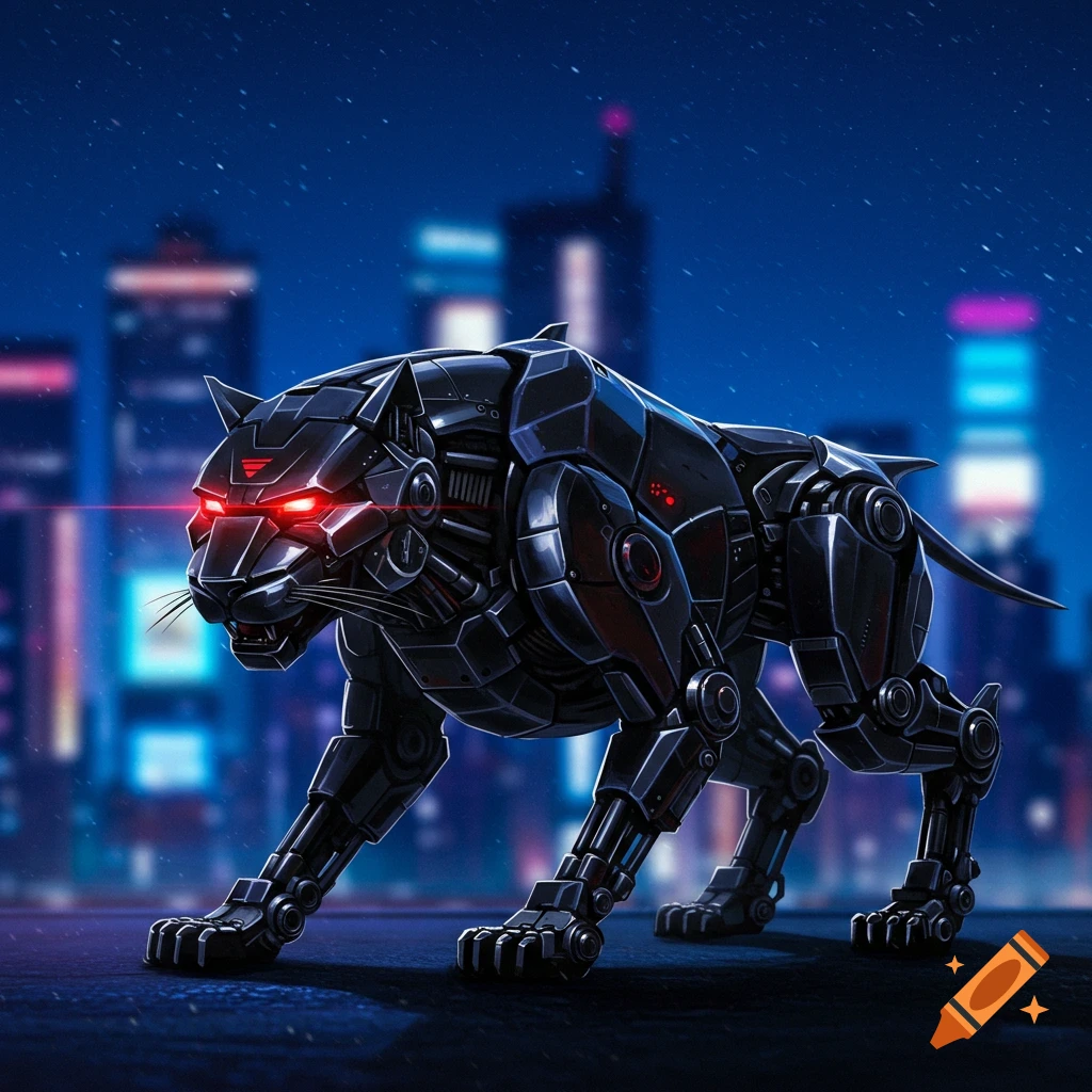 A sleek black mecha panther with glowing red eyes walks through a rainy futuristic city at night.
