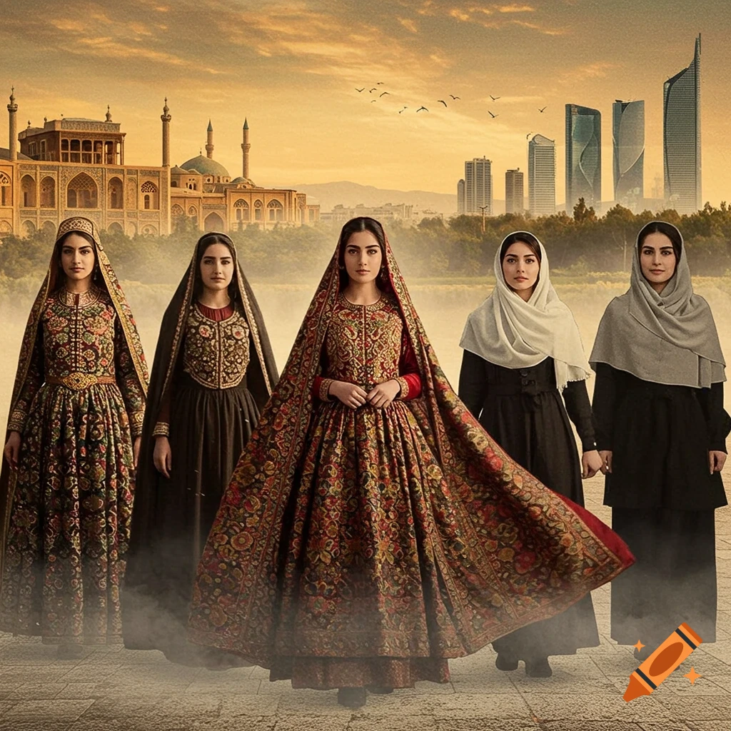 Five women in traditional Iranian dresses and hijabs stand before a cityscape with ancient and modern buildings at sunset.