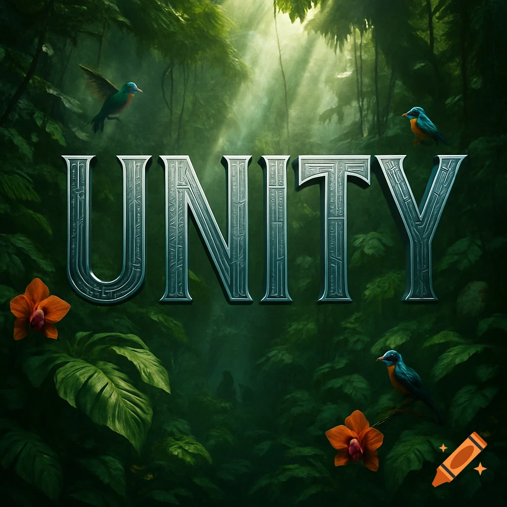 The word UNITY in a metallic font amidst a lush, sun-dappled jungle with vibrant birds and orange orchids.